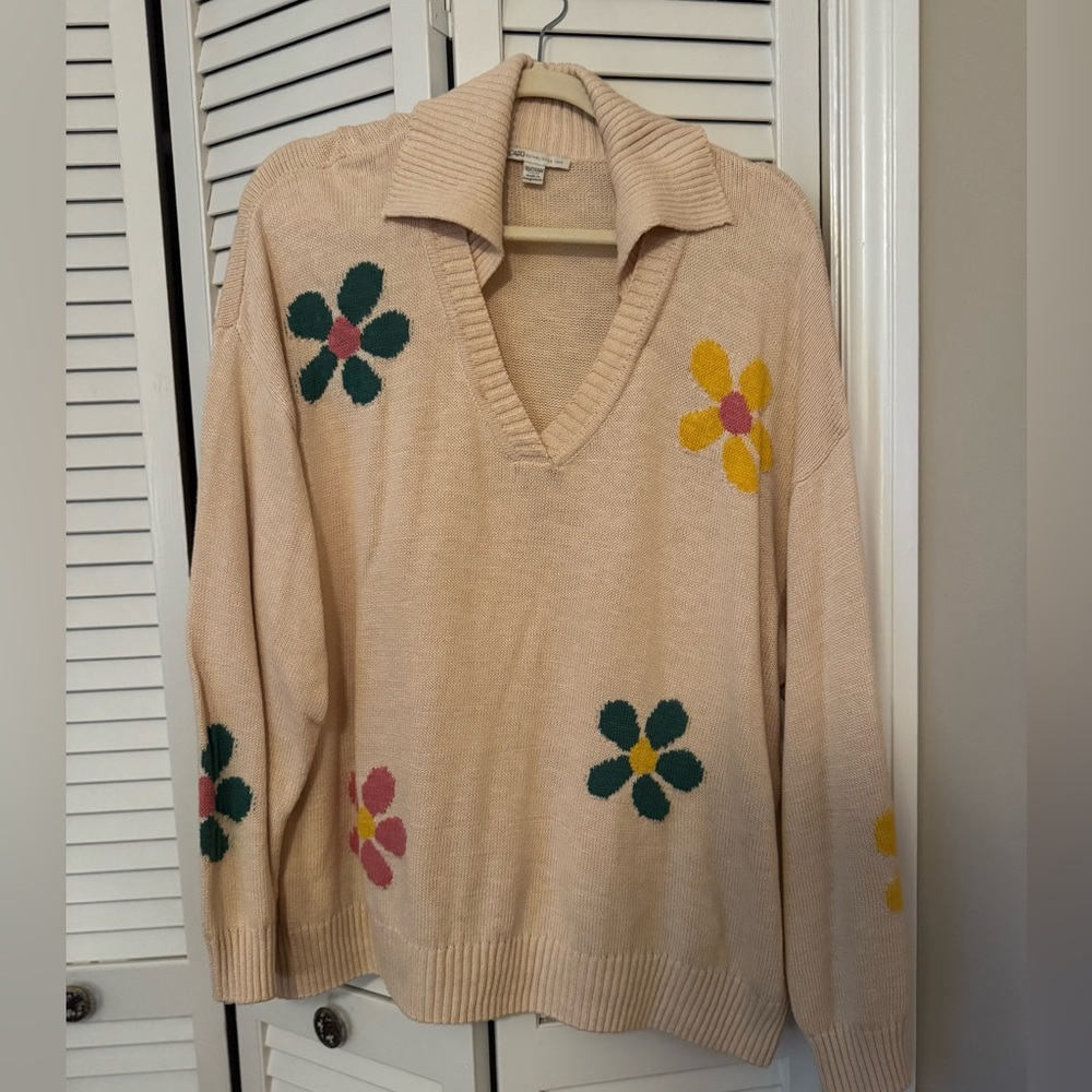 Cato Chic V-Neck Sweater with Floral Accents
